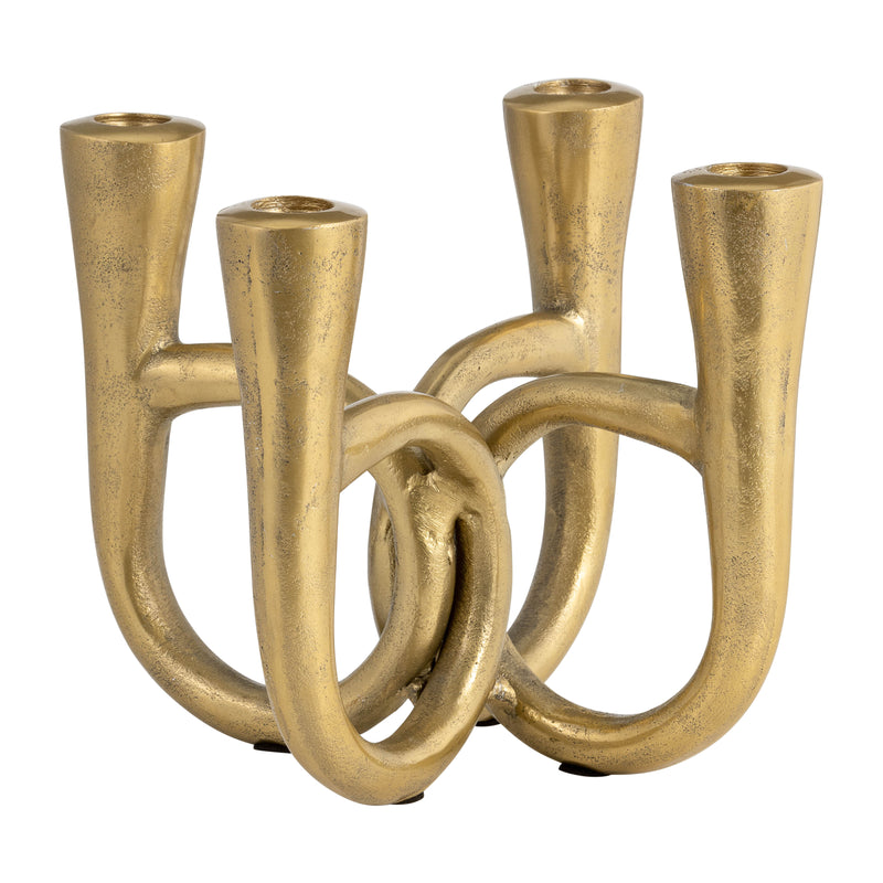 METAL, 7" FRENCH HORN 4-TAPER CANDLEHOLDER, GOLD