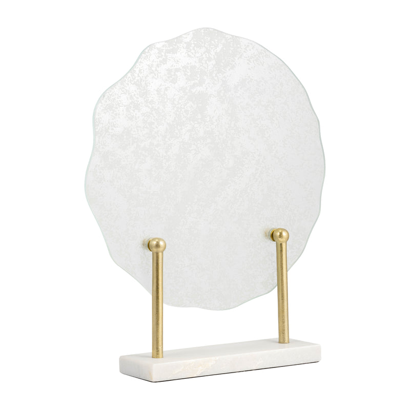 METAL,21"H,SPECKLED GLASS DISC ON MARBLE STAND,WHI