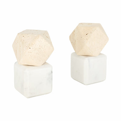 S/2 6" Marble Bookends W/ Travertine Hex Orb, Tan/