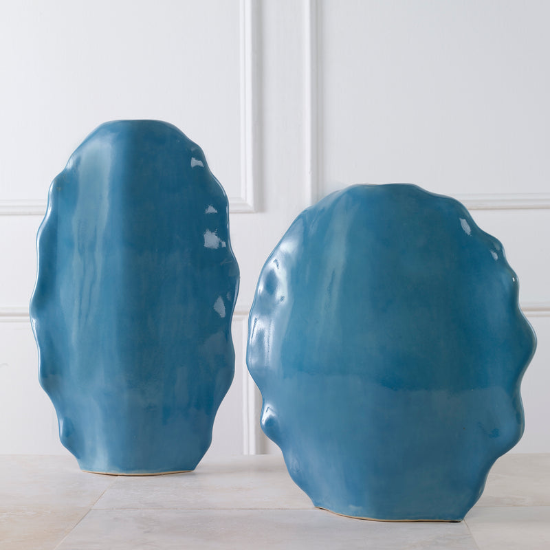 Ruffled Feathers Vases, Blue, S/2