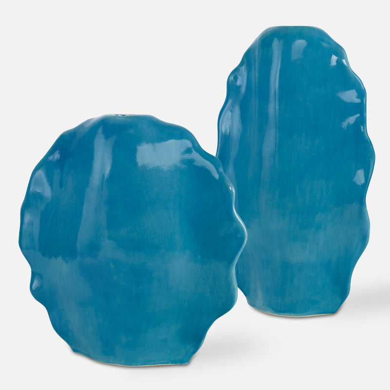 Ruffled Feathers Vases, Blue, S/2