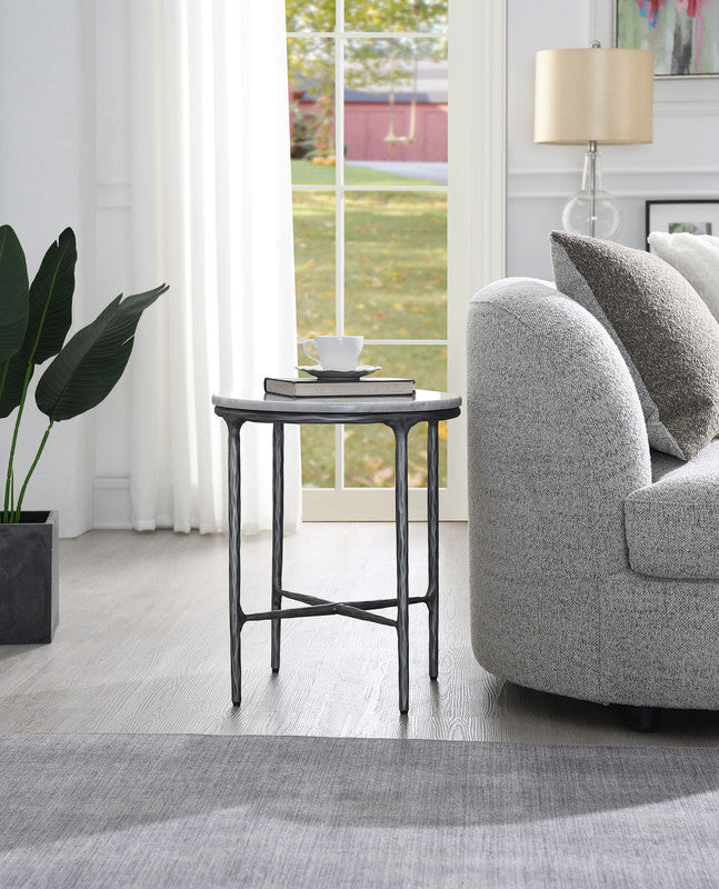 Round Silver Side Table with Marble Top