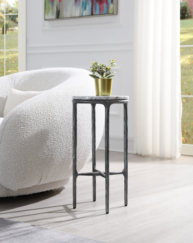 Round Silver Accent  Table with Marble Top