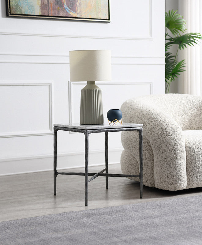 Square Silver Side Table with Marble Top