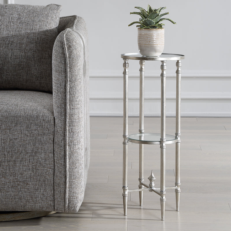 Henzler 25 W x 63 H x 25 D Silver Round Accent Table with Mirror Top