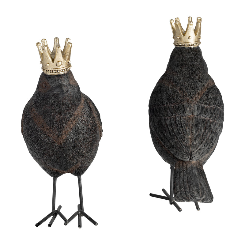 S/2 POLYRESIN BIRDS W/ CROWN, RUST/GOLD