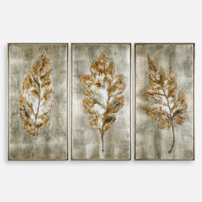 Champagne Leaves Hand Painted Canvases, S/3