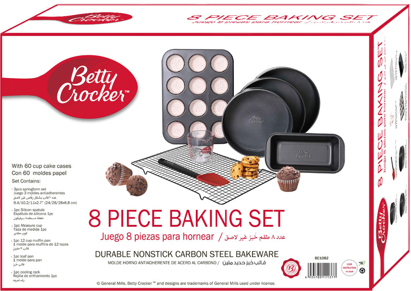 Betty Crocker Baking SET 8 Pcs (3*springform  24/26/28CM + 1*Muffin Pan 12 cups 35X26.5X3CM + 1*Loaf Pan 25.4x13x5.8CM + 1*Measure cup 360ml + 1*Cooling Rack 41