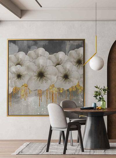 Square Canvas Wall Art Stretched Over Wooden Frame with Gold Floating Frame and Landscape With Cliffs Painting