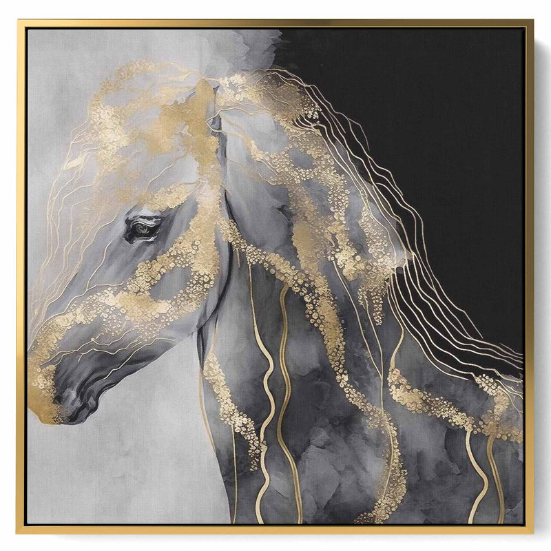 Square Canvas Wall Art Stretched Over Wooden Frame with Gold Floating Frame and Horse Oil Painting10