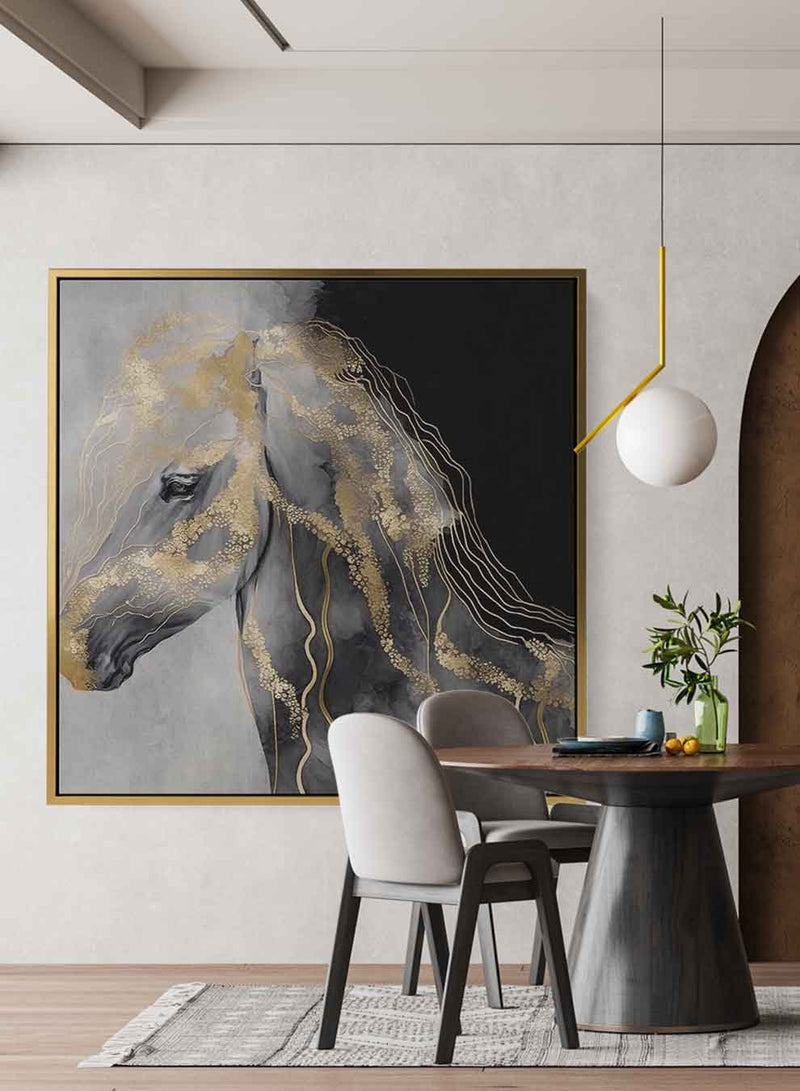 Square Canvas Wall Art Stretched Over Wooden Frame with Gold Floating Frame and Horse Oil Painting10