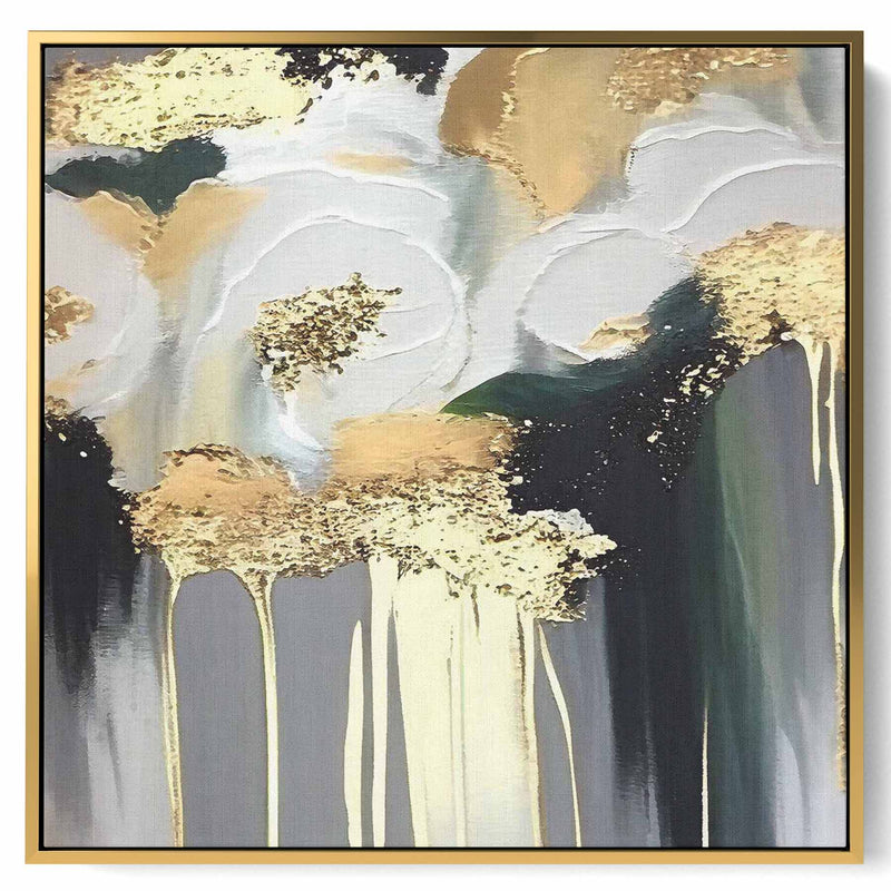 Square Canvas Wall Art Stretched Over Wooden Frame with Gold Floating Frame and Oil Painting 15