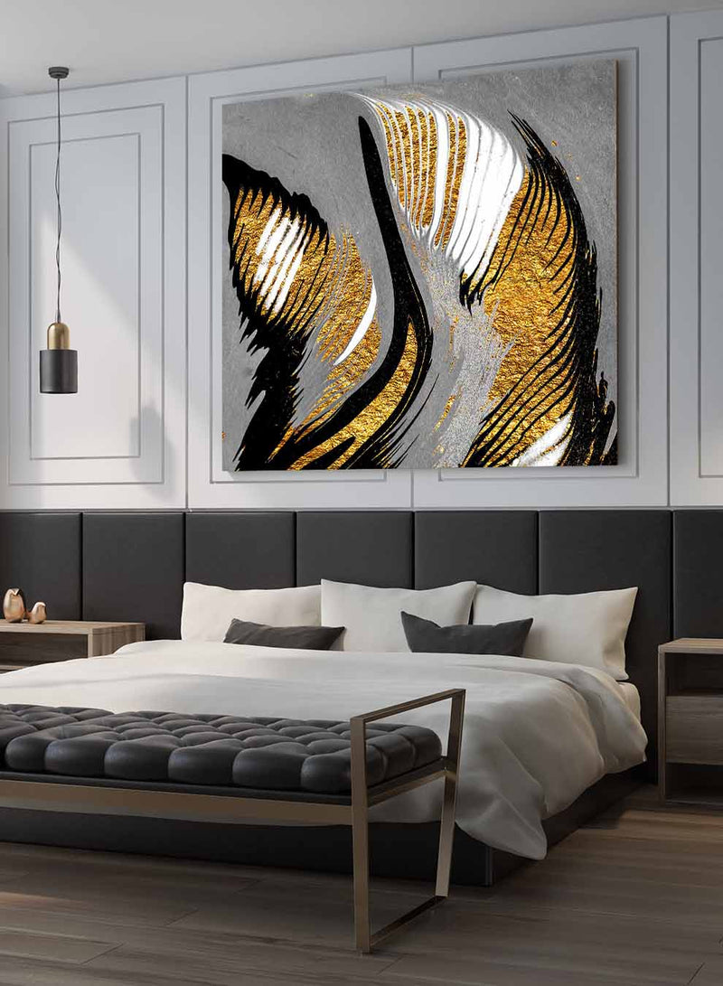 Square Canvas Wall Art Stretched Over Wooden Frame with Gold Floating Frame and Swan Wings Painting19