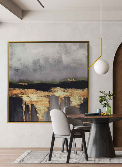 Square Canvas Wall Art Stretched Over Wooden Frame with Gold Floating Frame and Abstract Art Painting23