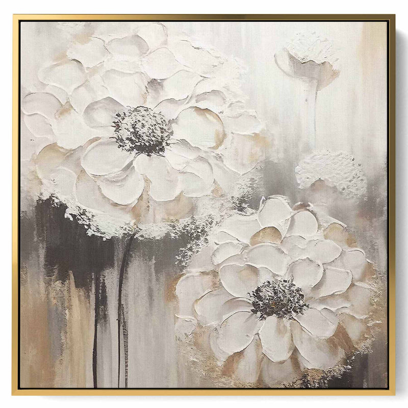 Square Canvas Wall Art Stretched Over Wooden Frame with Gold Floating Frame and Luxury Flower Art Painting28