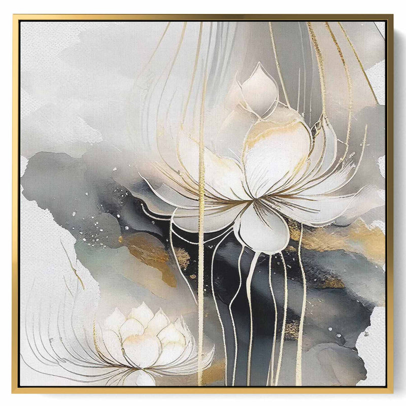 Square Canvas Wall Art Stretched Over Wooden Frame with Gold Floating Frame and Luxury Flowers Art Painting29