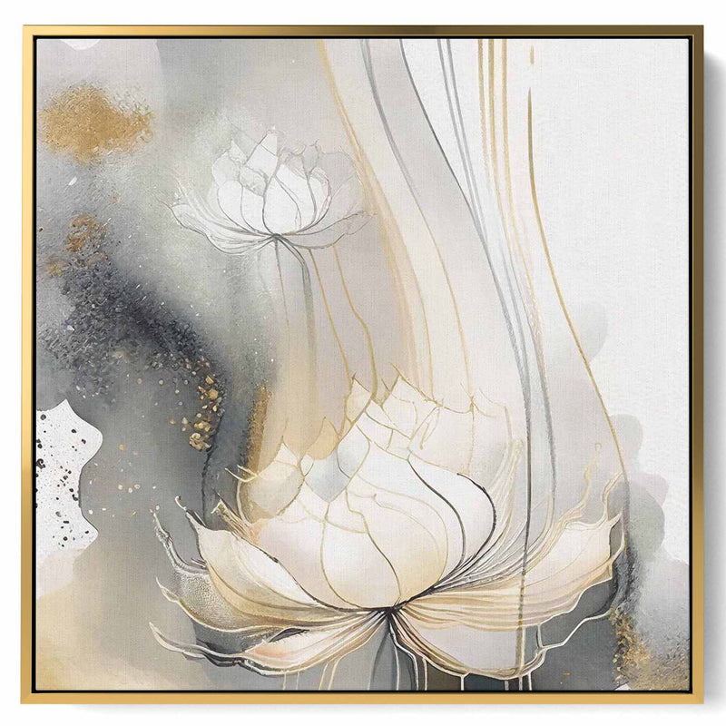 Square Canvas Wall Art Stretched Over Wooden Frame with Gold Floating Frame and Luxury Flowers Art Painting30