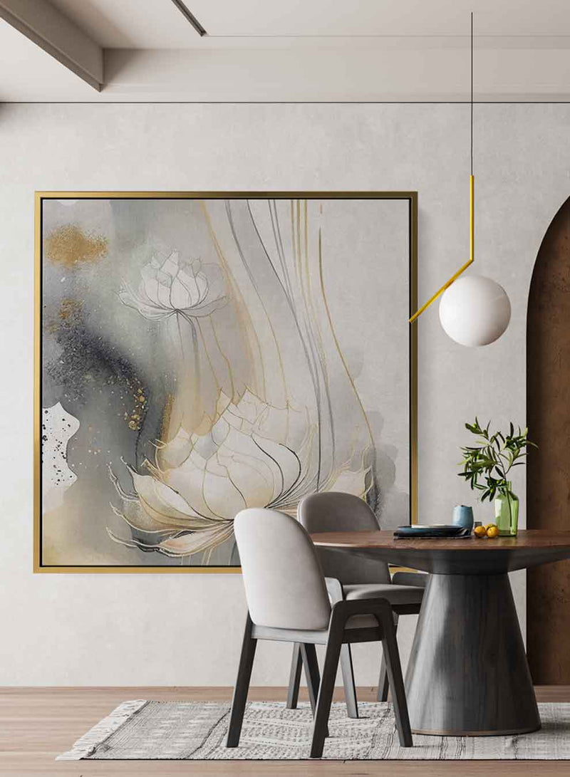 Square Canvas Wall Art Stretched Over Wooden Frame with Gold Floating Frame and Luxury Flowers Art Painting30