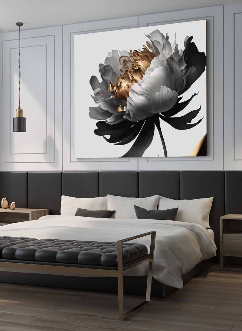 Square Canvas Wall Art Stretched Over Wooden Frame with Gold Floating Frame and Luxury Flower Art Painting31