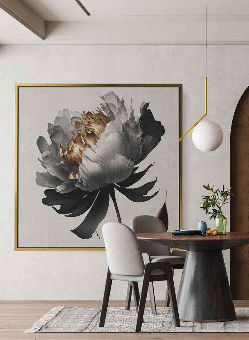 Square Canvas Wall Art Stretched Over Wooden Frame with Gold Floating Frame and Luxury Flower Art Painting31