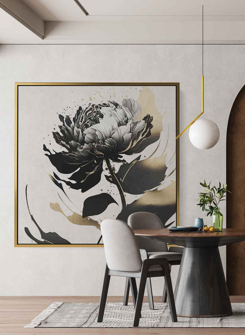 Square Canvas Wall Art Stretched Over Wooden Frame with Gold Floating Frame and Luxury Flower Art Painting32