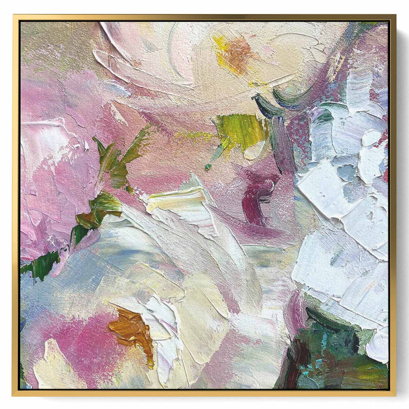 Square Canvas Wall Art Stretched Over Wooden Frame with Gold Floating Frame and Flower Oil Painting35