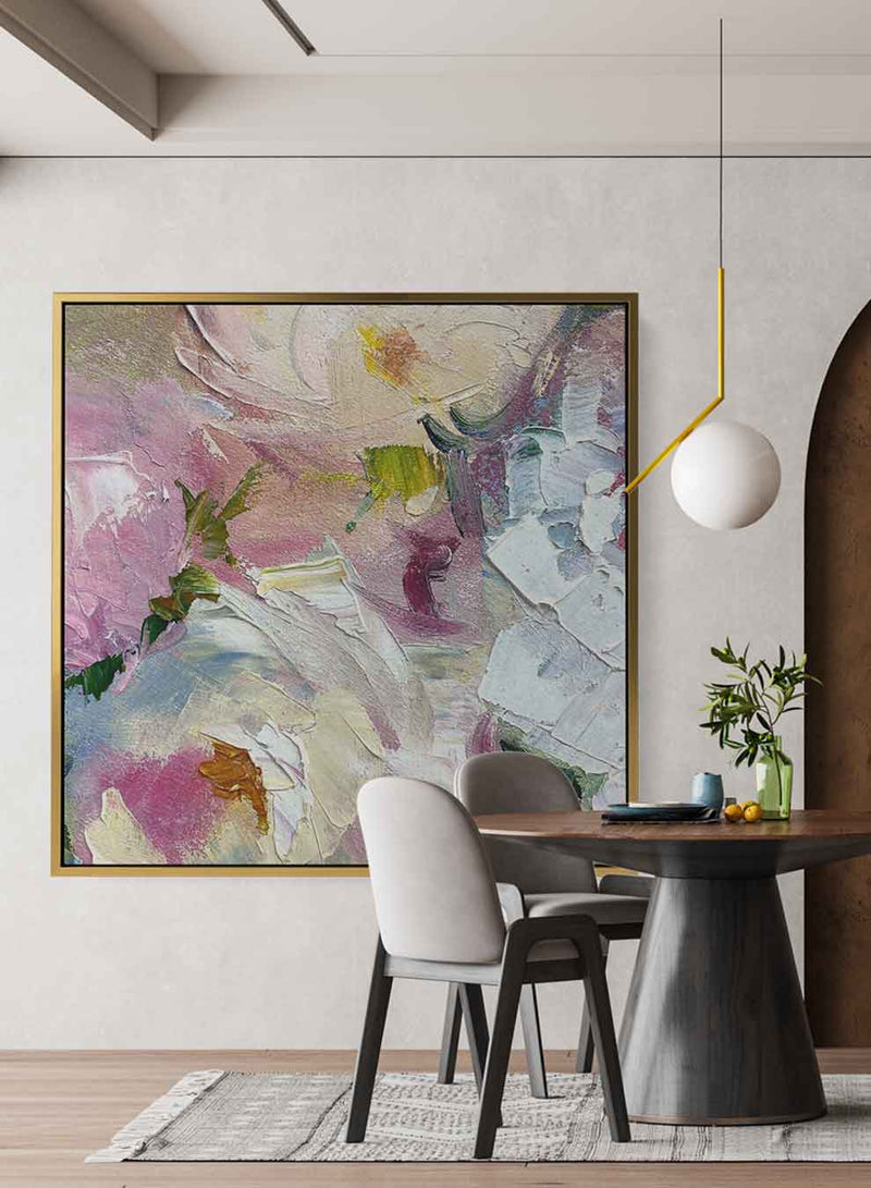 Square Canvas Wall Art Stretched Over Wooden Frame with Gold Floating Frame and Flower Oil Painting35