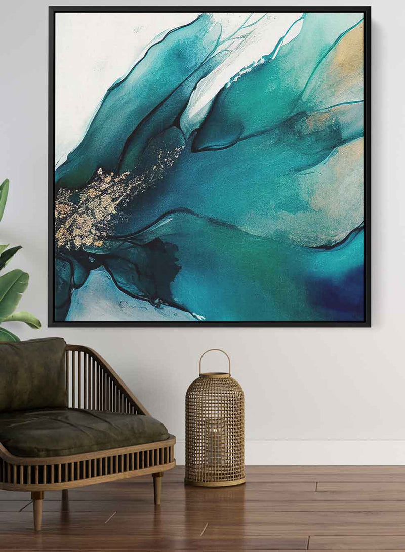 Square Canvas Wall Art Stretched Over Wooden Frame with Black Floating Frame and Green Blue Abstract Painting