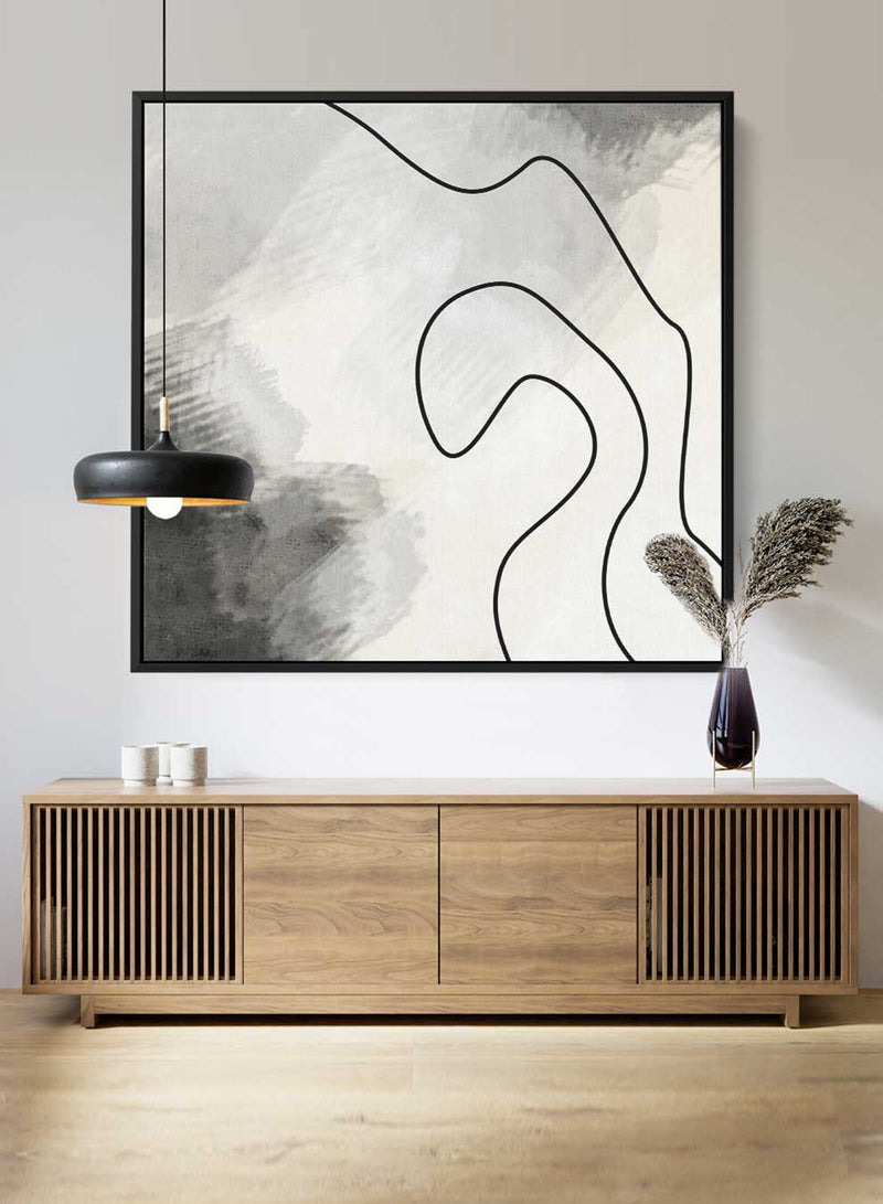 Square Canvas Wall Art Stretched Over Wooden Frame with Black Floating Frame and Abstract Painting Art