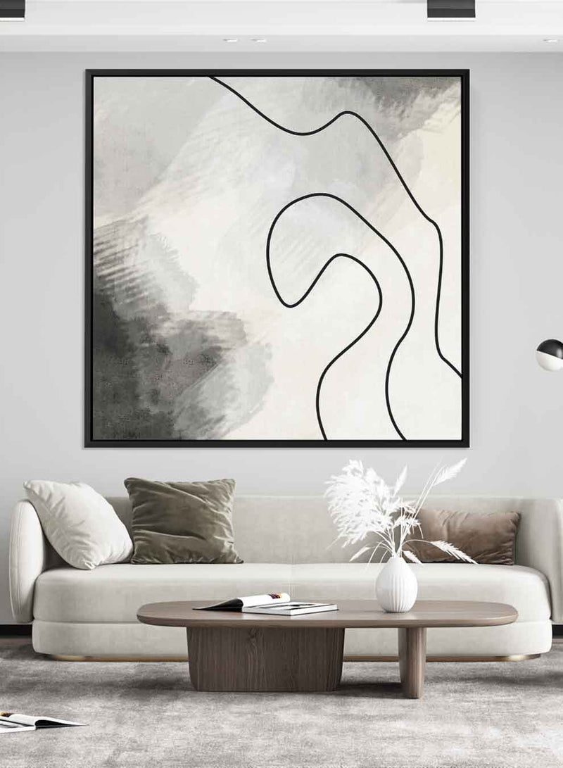 Square Canvas Wall Art Stretched Over Wooden Frame with Black Floating Frame and Abstract Painting Art