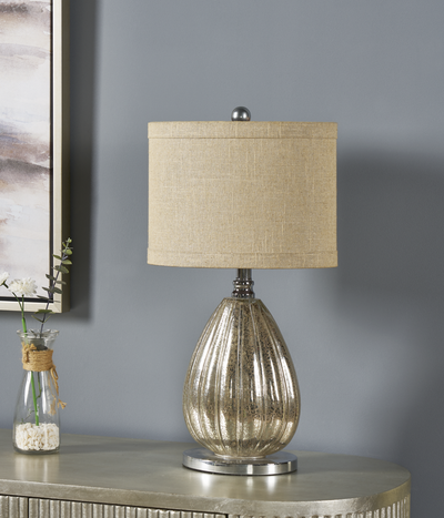 Stardust Table Lamp24''Ht., Glass & Metal Champagne Mercury Finish13/8 x 13/8 x 9.5 Sparkle Linen Shade