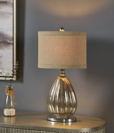 Stardust Table Lamp24''Ht., Glass & Metal Champagne Mercury Finish13/8 x 13/8 x 9.5 Sparkle Linen Shade