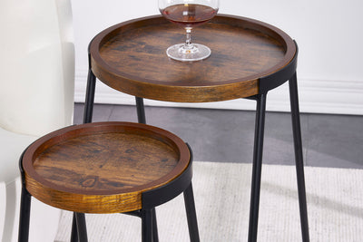Set of 2 Nesting Sofa Side Tables Round Nesting Tables Wood Top with Steel Metal Legs Modern Table for Living Room Office