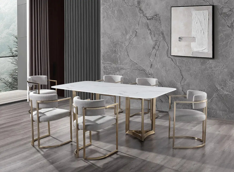Alexa White Marble Dining Table Gold Base with 8 chairs