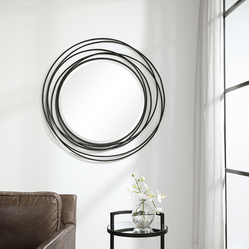 Whirlwind Black Round Mirror