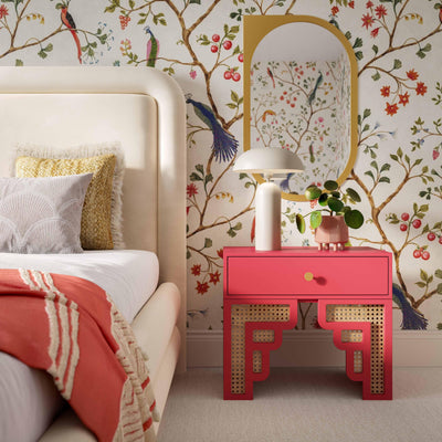 Suzie Coral Pink & Rattan Nightstand