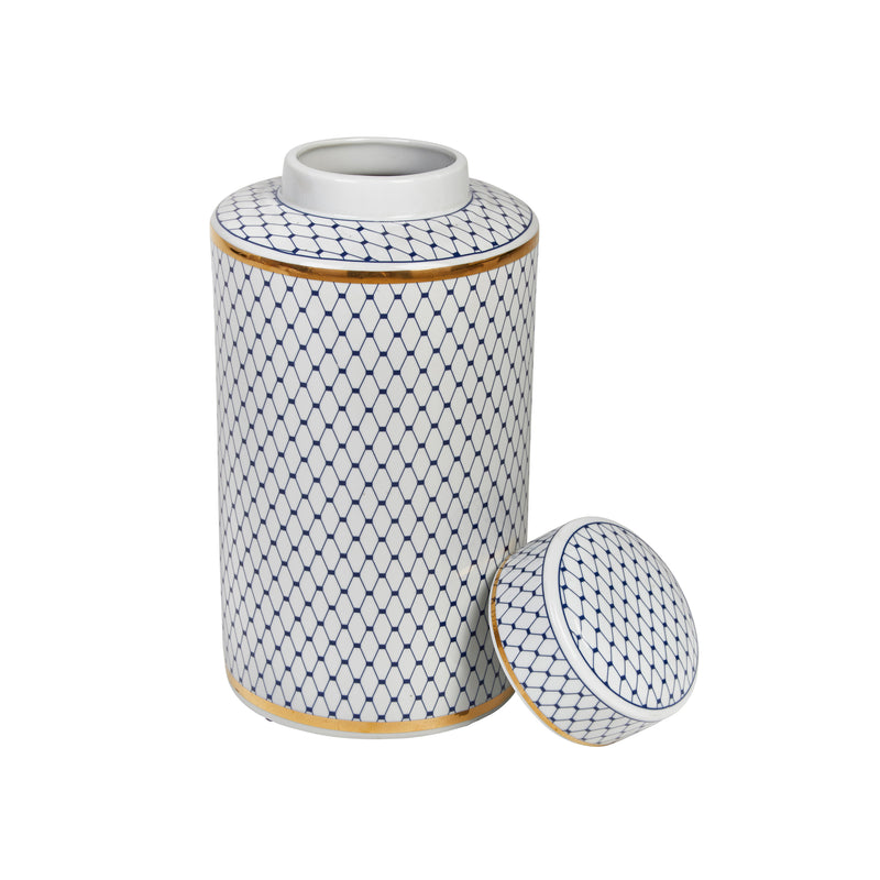 Ceramic Lidded Jar, White/Blue/Gold | VC10464-02