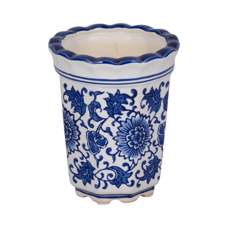 4", 7oz Fluted Chinoiserie Candle , Blue/white