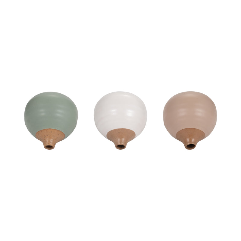 S/3 MATTE BUD VASES, CREME/DRK SAGE/COTTON WHITE