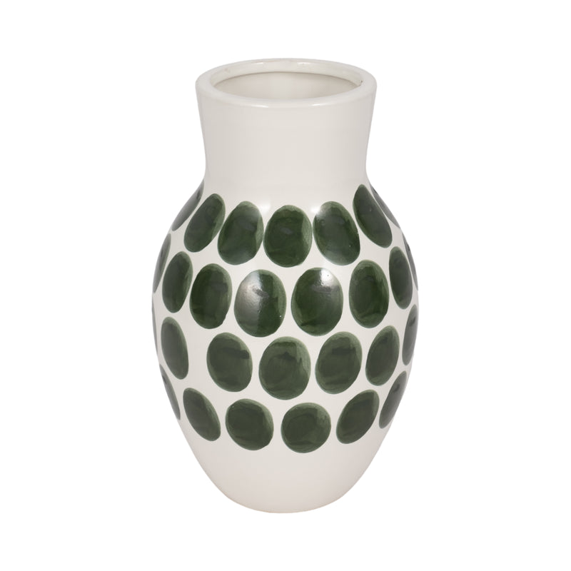 CER, 10"H FOREST GREEN POLK-A-DOT FLOWER VASE,WHT