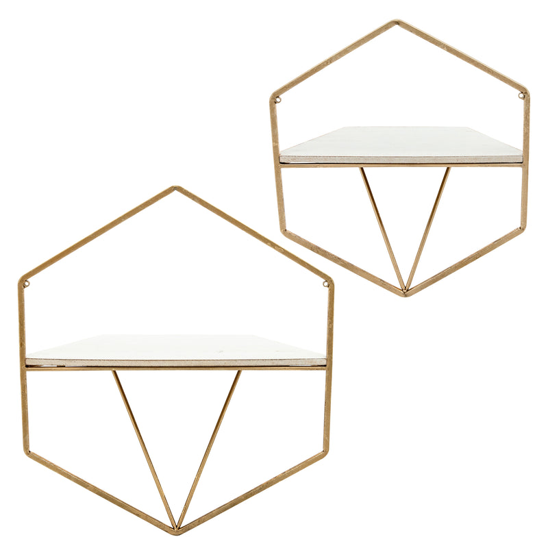 S/2 METAL / WOOD HEXAGON WALL SHELVES, GOLD/WHT