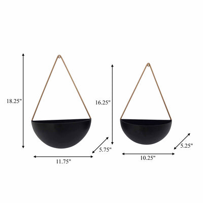 S/2 Metal Half Moon Wall Planters, Black