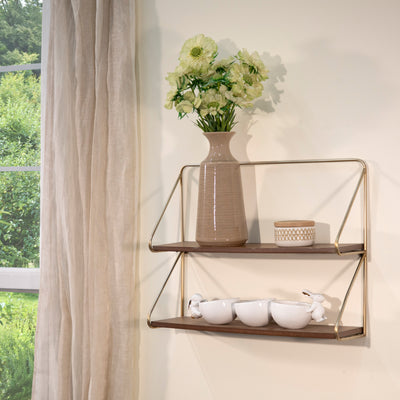 METAL/WOOD 20" 2 TIER WALL SHELF, GOLD