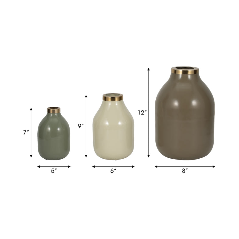 S/3 7/9/12" Jefford Metal Bottle Vases, Green