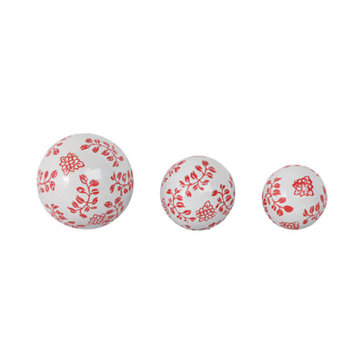 CER, S/3 FERN FLOWER ORBS, 4/5/6" WHITE/RED