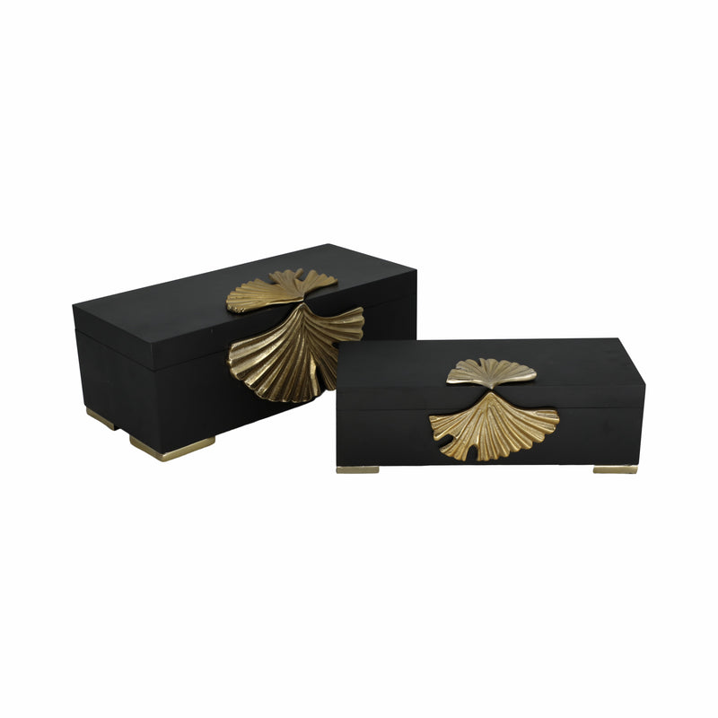 Metal, S/2 12/14" Black Gingko Boxes