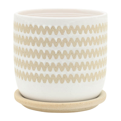 S/2 5/6" ZIG-ZAG PLANTER W/ SAUCER, WHITE