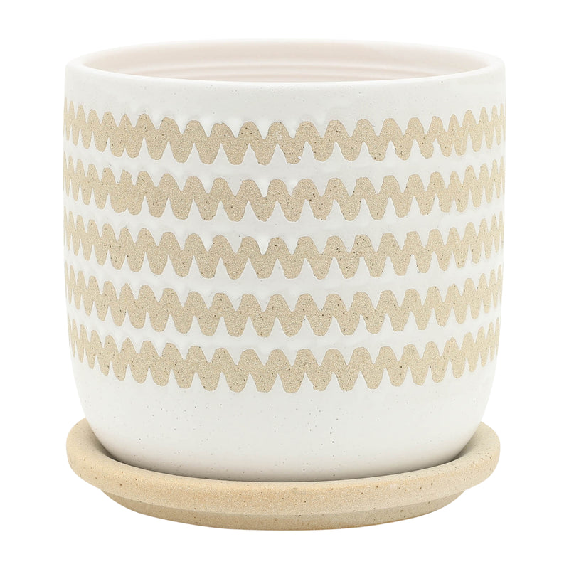 S/2 5/6" ZIG-ZAG PLANTER W/ SAUCER, WHITE