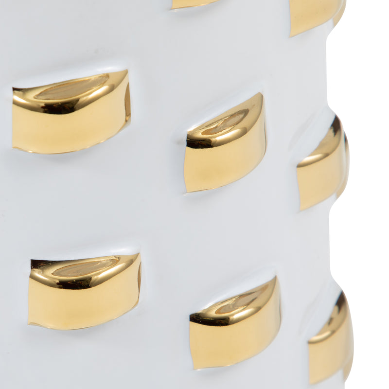 Stoneware, 11" Cylinder Vase, White/gold