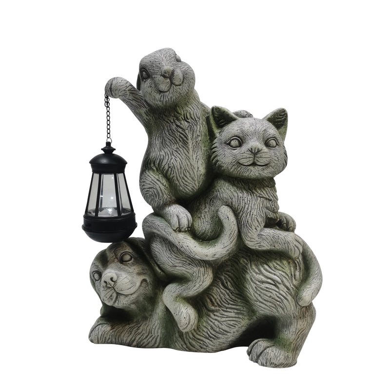 17" Dog, Cat And Bunny Holding A Solar Lantern, Gr